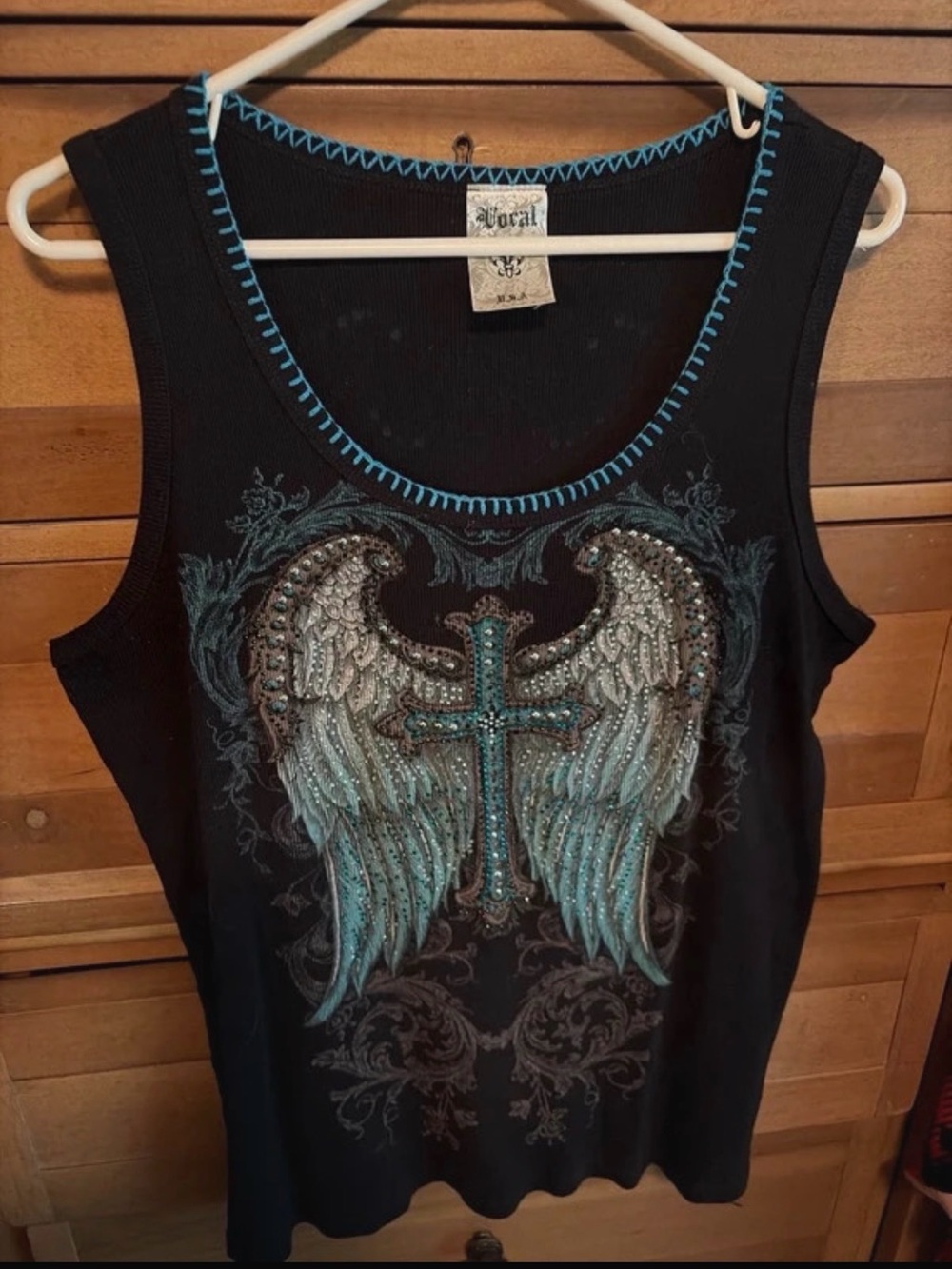 Vocal Black Tank with Teal Wing & Cross Embellishment